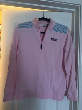 Vineyard Vines Light Pink Quarter-Zip with Striped Shoulder Panels